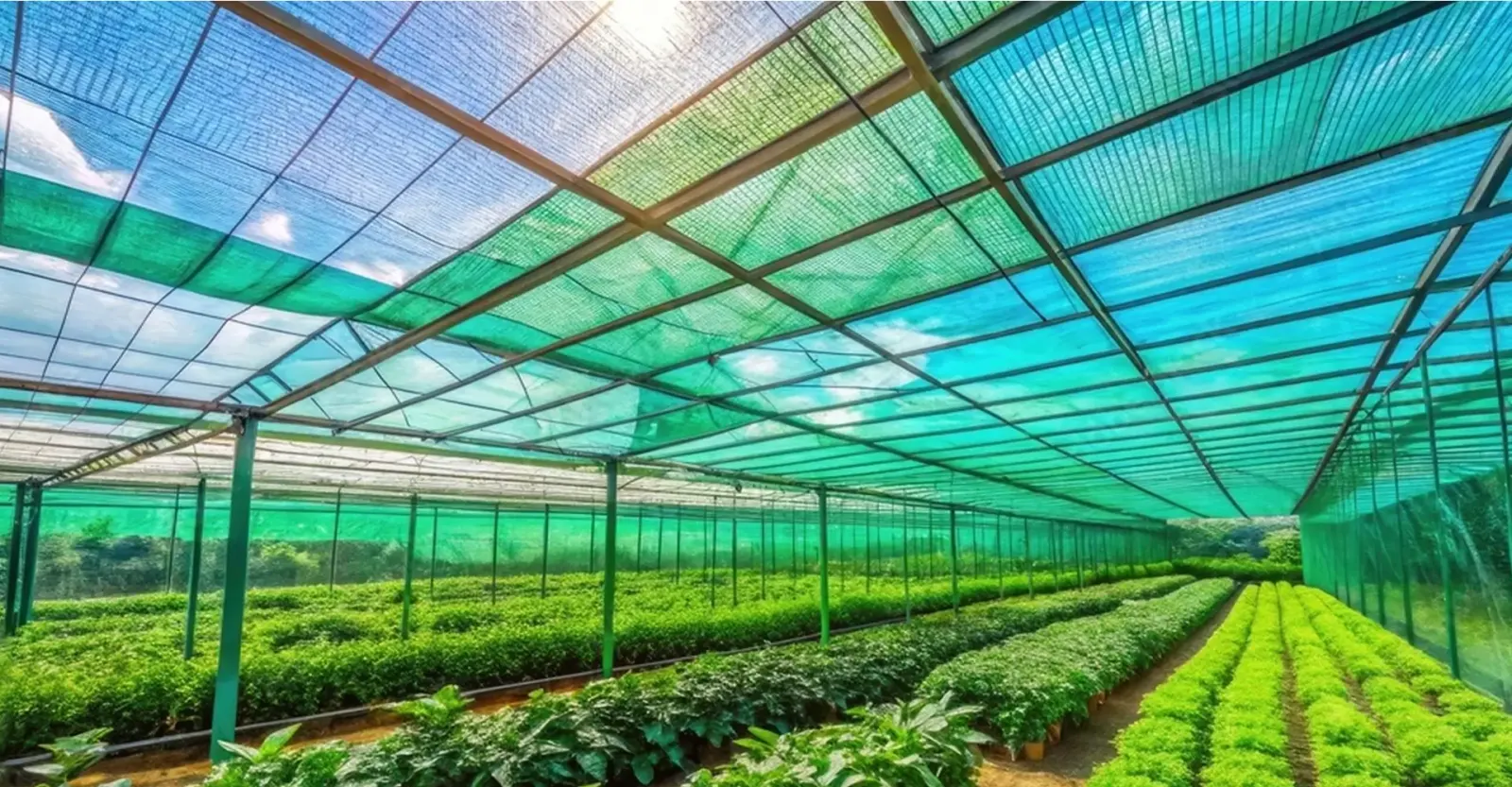 Green shade net roof structure over crop beds