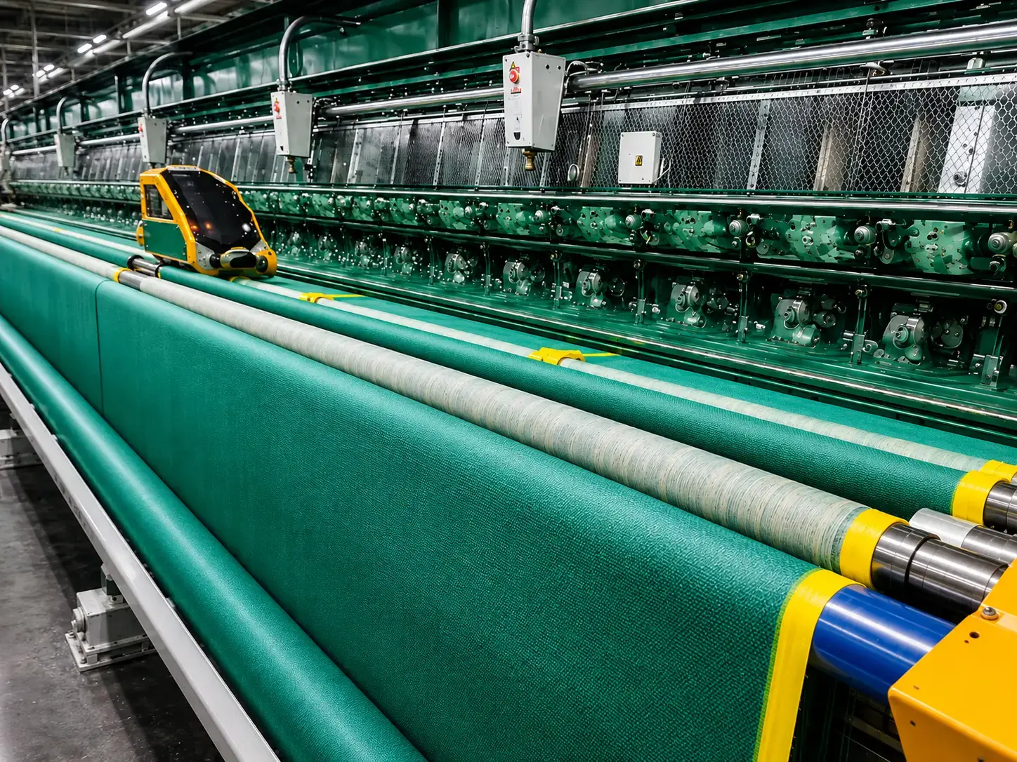Warp knitting machines producing green net rolls at the Majestic Nets plant