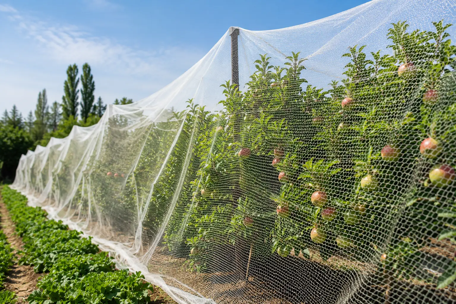 Fine mesh protection net covering an apple orchard row