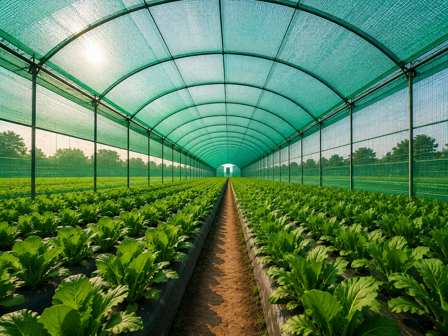 Shade net tunnel over rows of leafy vegetables